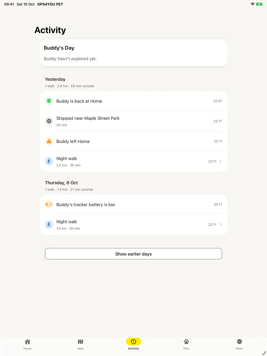 Activity screen of the GPS4YOU PET app on iPad
